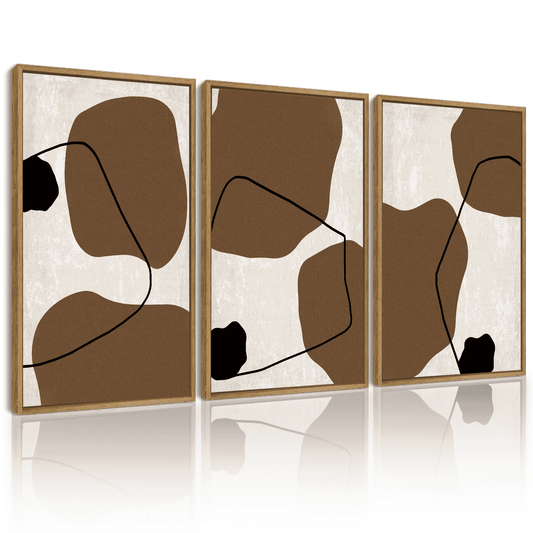 SHENIFY large 24x36in3pcs Natural Framed Boho Geometric Wall Art Mid-Century Trio of Multicolored Brown Ovals Shape Black Lines Illustration Modern Minimalist Painting Decorative Artwork