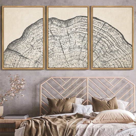SHENIFY large 24x36in3pcs Natural Framed Farmhouse Set Gray Wood Tree Ring Spirals Nature Abstract Drawings Wall Art Vintage Rustic Modern Art Decor for Living Room Bedroom