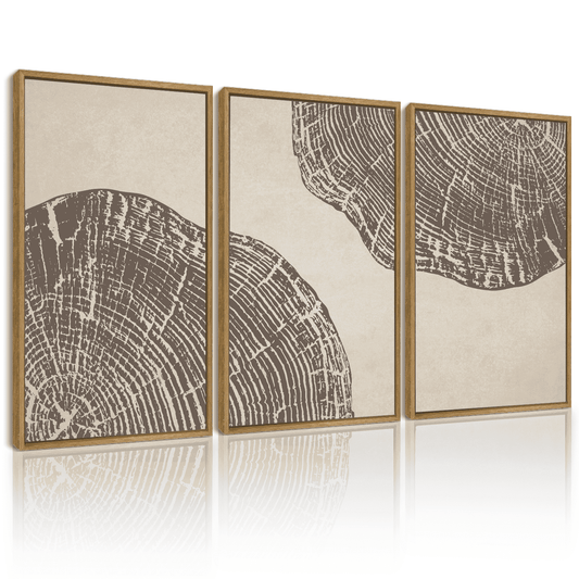 SHENIFY large 24x36in3pcs Natural Framed Farmhouse Vintage Abstract Drawings Rustic Modern Wall Art Set Gray Wood Tree Ring Spirals Nature Art Decor for Living Room Bedroom