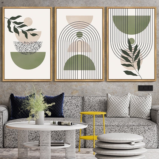 SHENIFY large 24x36in3pcs Natural Framed Green Botanical Boho Wall Art Modern Sage Bohemian Wall Decor Abstract Geometry Lines Prints Ready to Hang