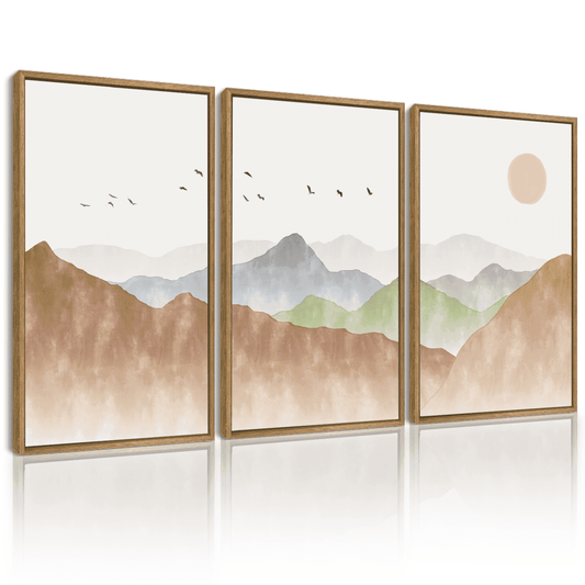 SHENIFY Large 24x36in3pcs Natural Framed Landscape Mountain Range Wall Art Set Watercolor Ink Wash Nature Scenry Sunrise Flying Bird Farmhouse Rustic Modern Art Decorative for Living Room Bedroom