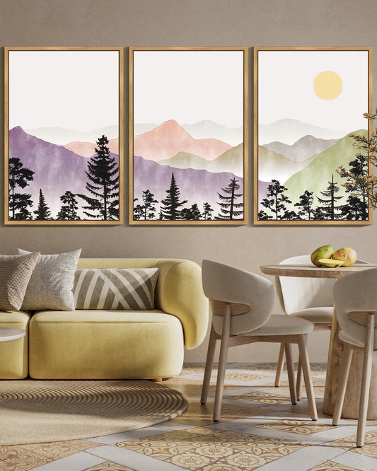 SHENIFY large 24x36in3pcs Natural Framed Landscape Mountain Wall Art Set Watercolor Sunrise Pine Tree Forest Nature Scenry Wilderness Farmhouse Rustic Modern Art Decorative