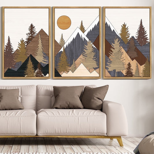 SHENIFY large 24x36in3pcs Natural Framed Landscape Mountain Wall Art Set White Winter Sunrise Pine Tree Forest Nature Scenry Wilderness Farmhouse Rustic Modern Art Decorative for Living Room Bedroom
