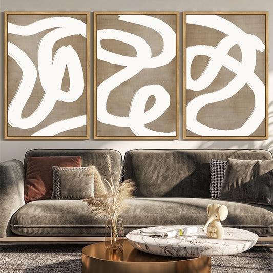 SHENIFY large 24x36in3pcs Natural Framed Mid-Century Duotone Minimal Dark Brush Stroke Boho Abstract Wall Art Neutral Modern Minimalist Painting Decorative Artwork