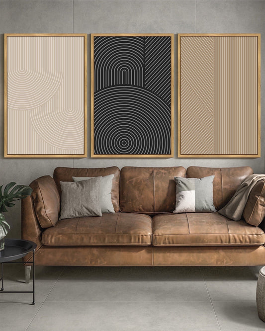 SHENIFY large 24x36in3pcs Natural Framed Mid-Century Modern Wall Art Minimalist Abstract Boho Neutral Line Wall Decor Geometric Artwork Kitchen Dining Room