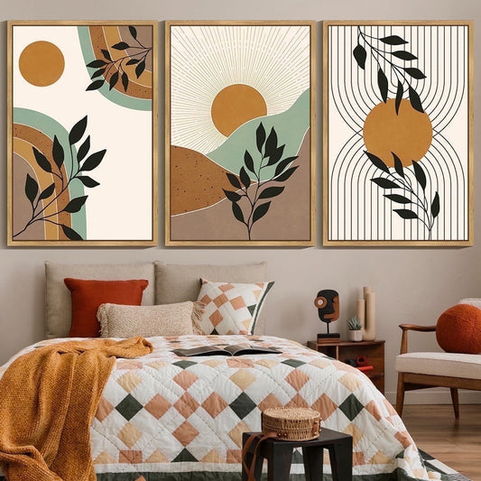 SHENIFY large 24x36in3pcs Natural Framed Sage Plant Botanical Wall Printing Boho Wall Art Minimalist Bohemain Abstract Canvas Prints with Leaf & Sun Lines