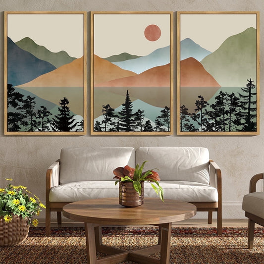 SHENIFY large 24x36in3pcs Natural Framed Set Lake Sunrise Pine Tree Forest Landscape Mountain Wall Art Nature Scenry Wilderness Farmhouse Rustic Modern Art Decorative for Living Room Bedroom