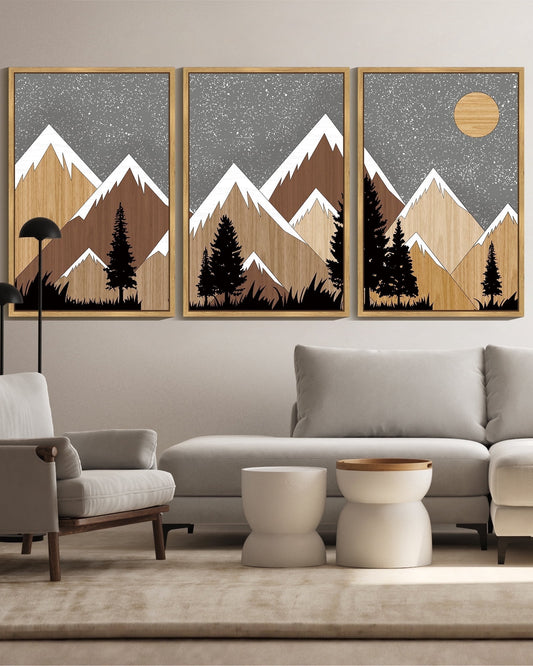 SHENIFY large 24x36in3pcs Natural Framed Set Sunrise Pine Tree Forest Nature Scenry Wilderness Landscape Mountain Wall Art Farmhouse Rustic Modern Art Decorative