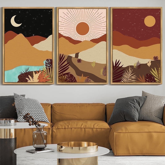 SHENIFY Large 24x36in3pcs Natural Framed Set Watercolor Sunrise Boho Landscape Wall Art Mountain Range Forest Desert Nature Wilderness Farmhouse Rustic Modern Art Decorative