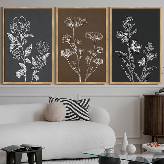 SHENIFY large 24x36in3pcs Natural Framed Vintage Flower Wall Art Retro Floral Wall Hanging Decor Rustic Farmhouse Colorful Botanical Prints Artwork for Office Dining Room Kitchen