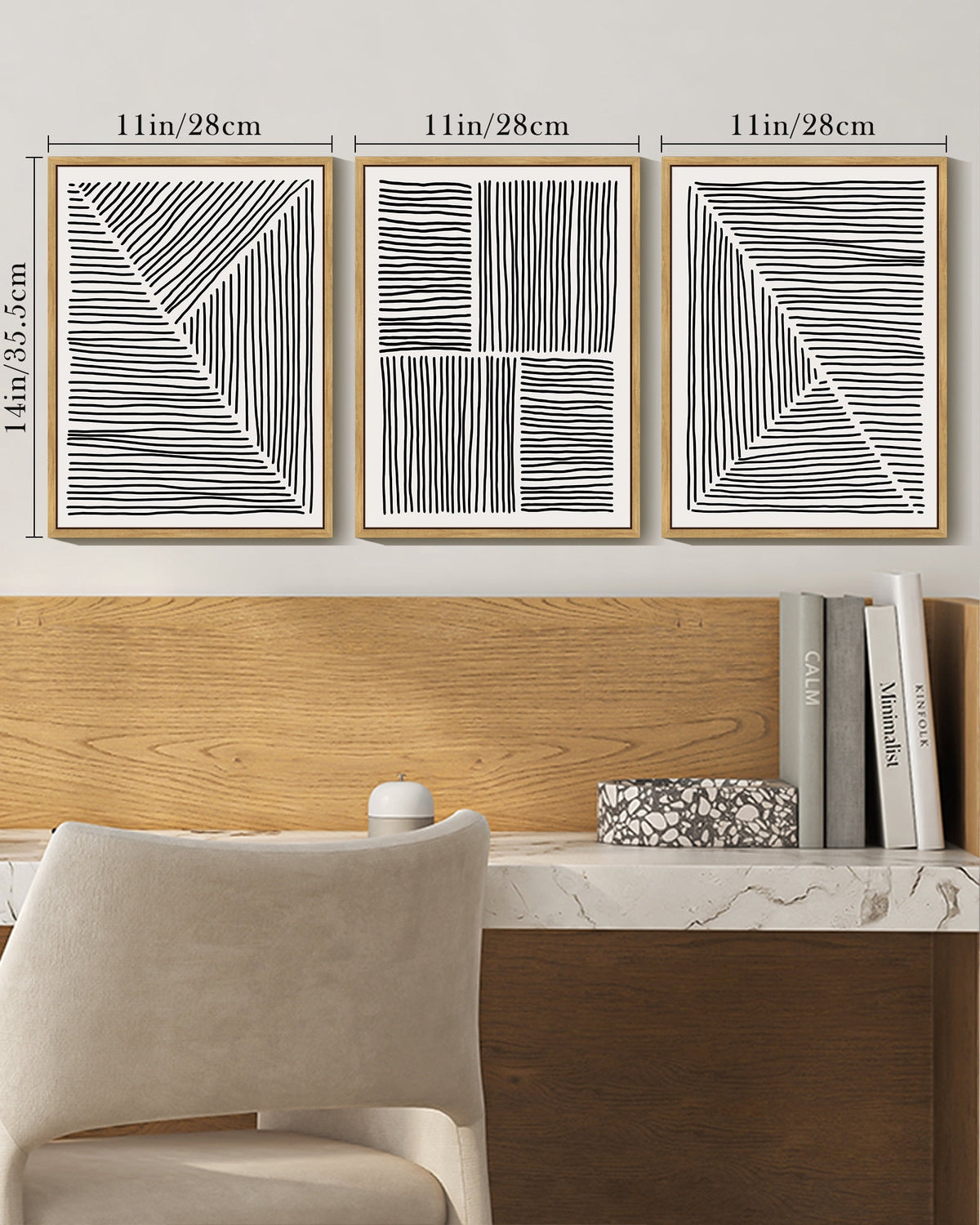 SHENIFY Mid-Century Modern Wall Art Minimalist Abstract Boho Black Line Wall Decor Geometric Artwork Kitchen Dining Room 11x14in3pcs Natural Framed