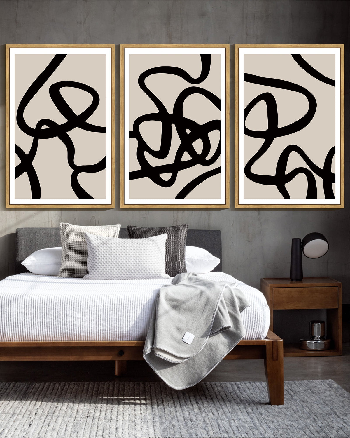 SHENIFY large 24x36in3pcs Natural Framed Black Lines Abstract Wall Art Ink Wash Minimalist Canvas Painting Artwork