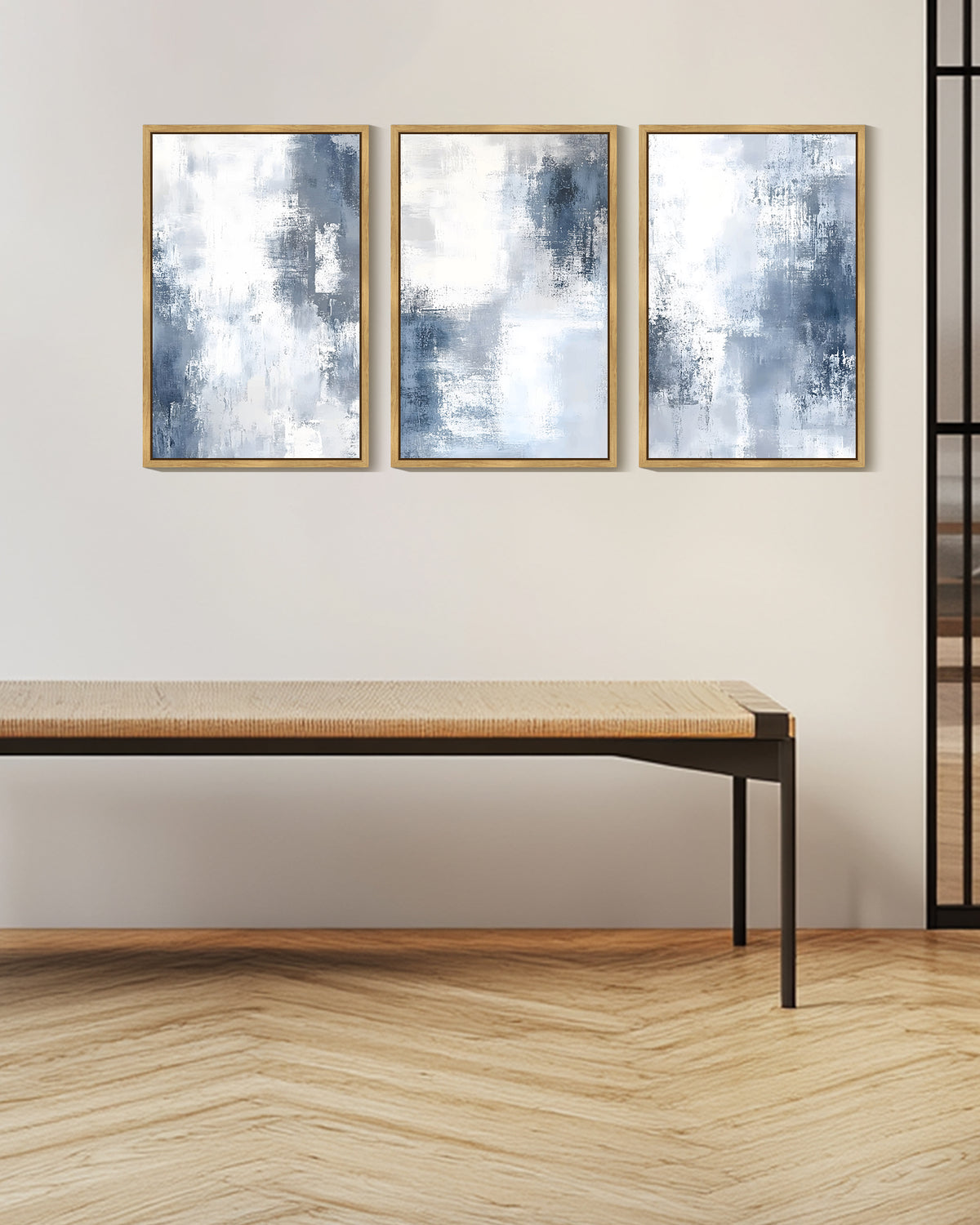 SHENIFY Navy Blue and Gray Abstract Canvas Wall Art 16x24in3pcs Natural Framed Brush Strokes Block Shape Pastel Decor Artwork Prints Rustic farmhouse Bedroom