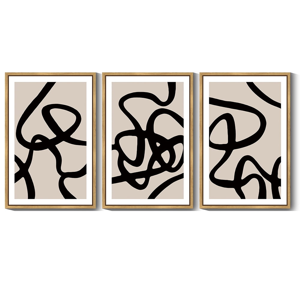 SHENIFY large 24x36in3pcs Natural Framed Black Lines Abstract Wall Art Ink Wash Minimalist Canvas Painting Artwork