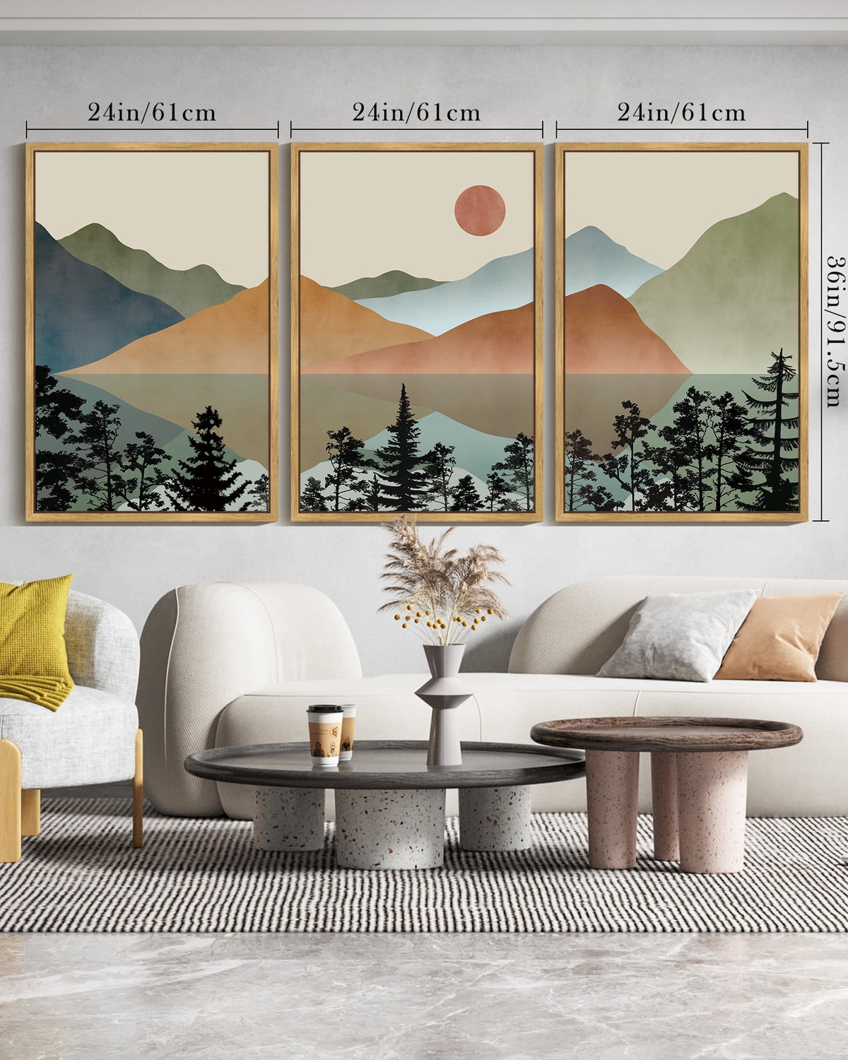 SHENIFY large 24x36in3pcs Natural Framed Set Lake Sunrise Pine Tree Forest Landscape Mountain Wall Art Nature Scenry Wilderness Farmhouse Rustic Modern Art Decorative for Living Room Bedroom