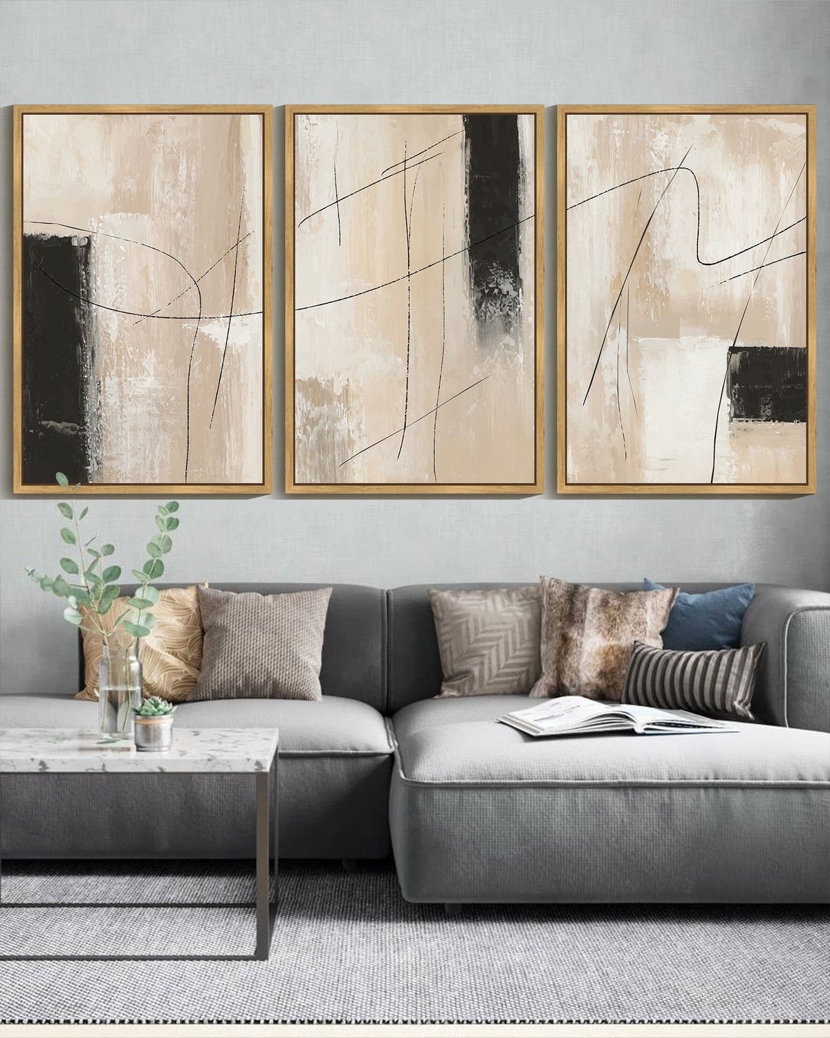 SHENIFY Large 24x36in3pcs Natural Framed Abstract Wall Art Black Lines Shapes Abstract Illustrations Modern Minimalist Painting Decorative Artwork for Living Room Bedroom