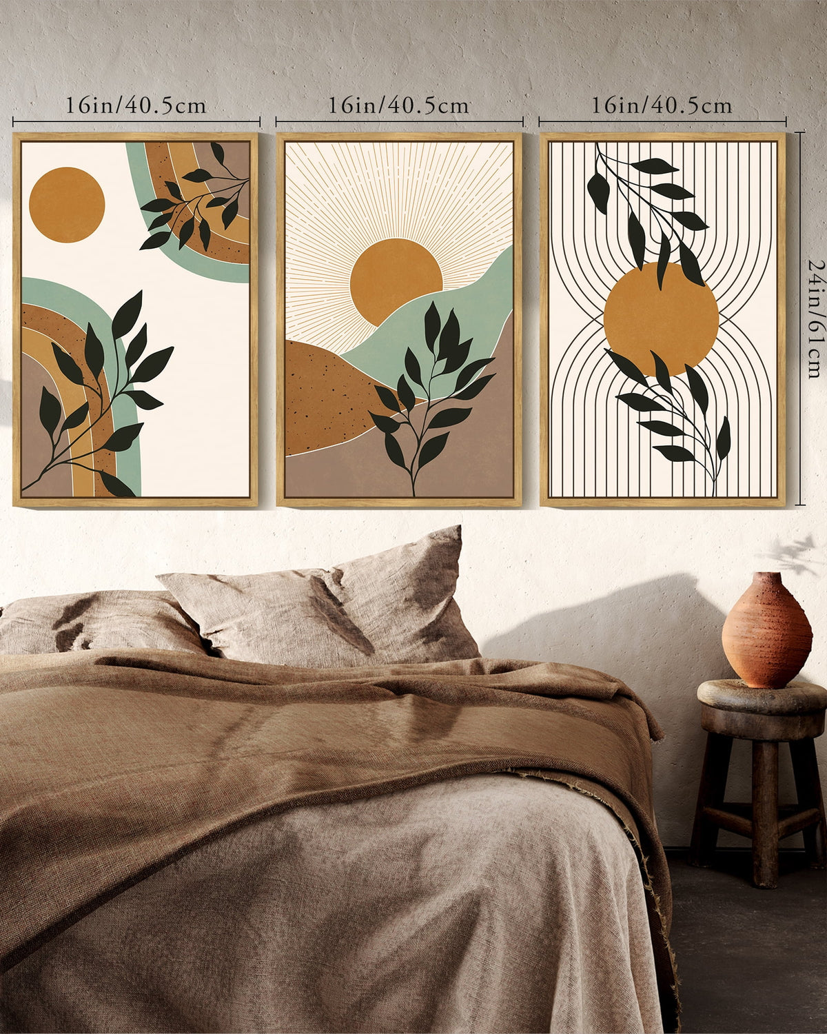 SHENIFY Sage Plant Botanical Wall Printing Boho Wall Art 16x24in3pcs Natural Framed Minimalist Bohemain Abstract Canvas Prints with Leaf & Sun Lines