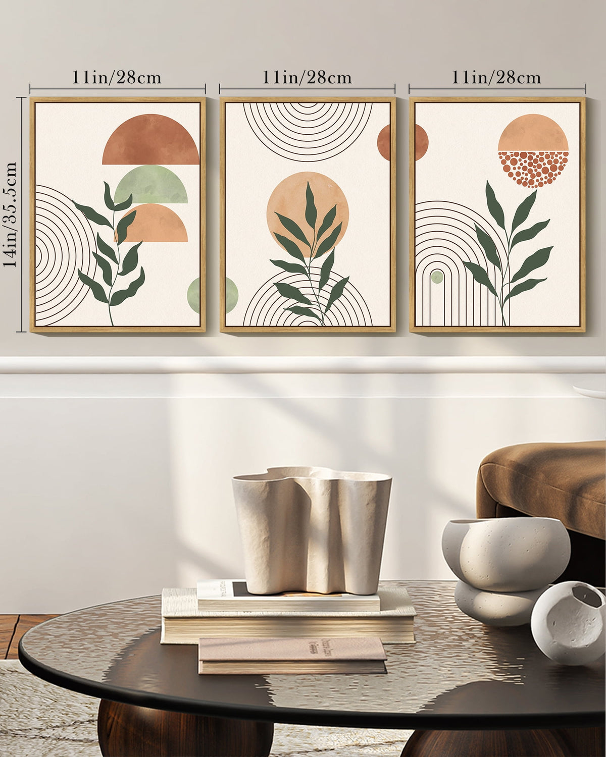 SHENIFY Boho Wall Art Sage Plant Botanical Bohemain Wall Printing Abstract Canvas Prints with Leaf & Sun Lines 11x14in3pcs Natural Framed