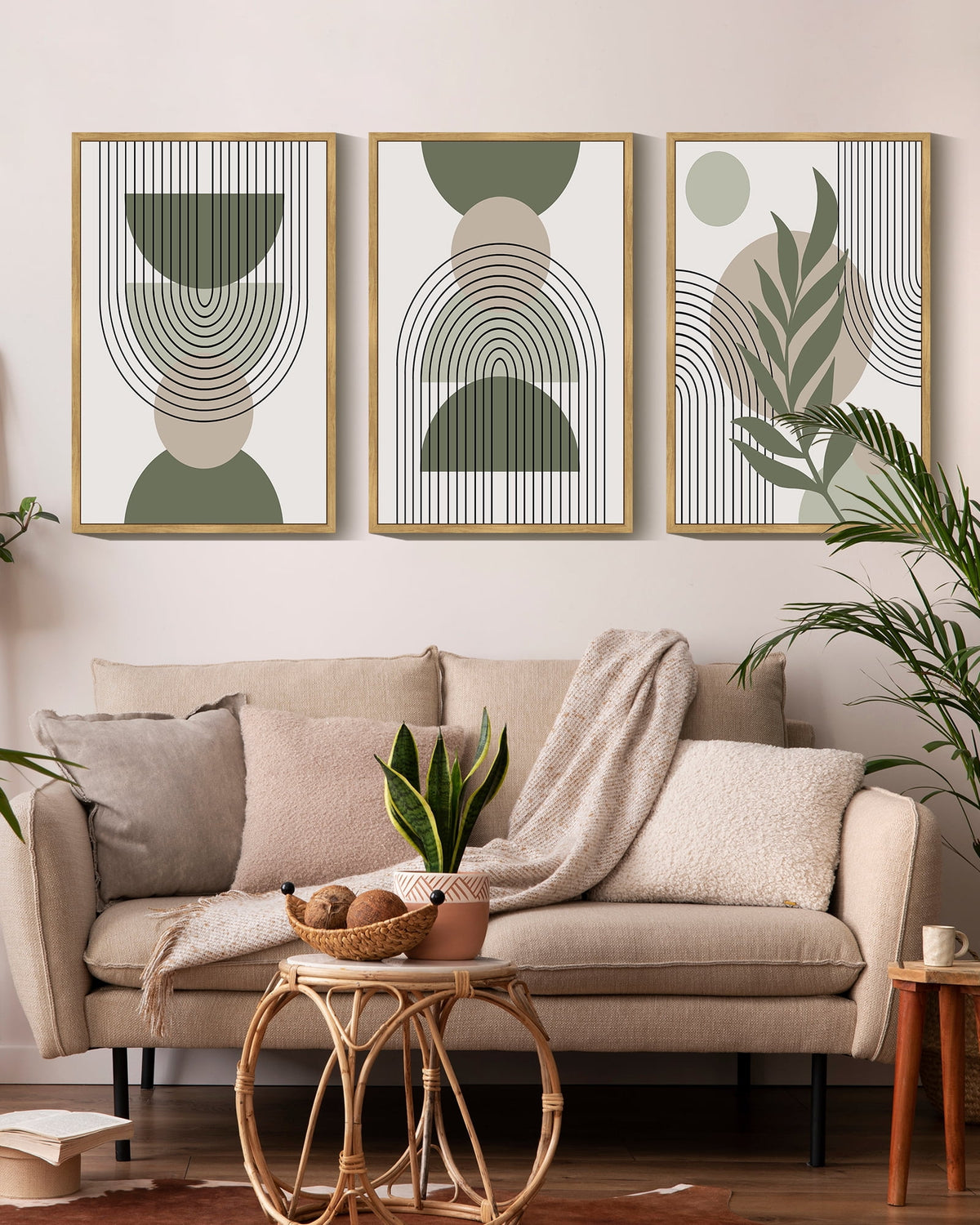 SHENIFY Abstract Boho Wall Art Green Sage Minimalist Mid Century Modern Geometry Canvas Prints (Set of 3) Framed