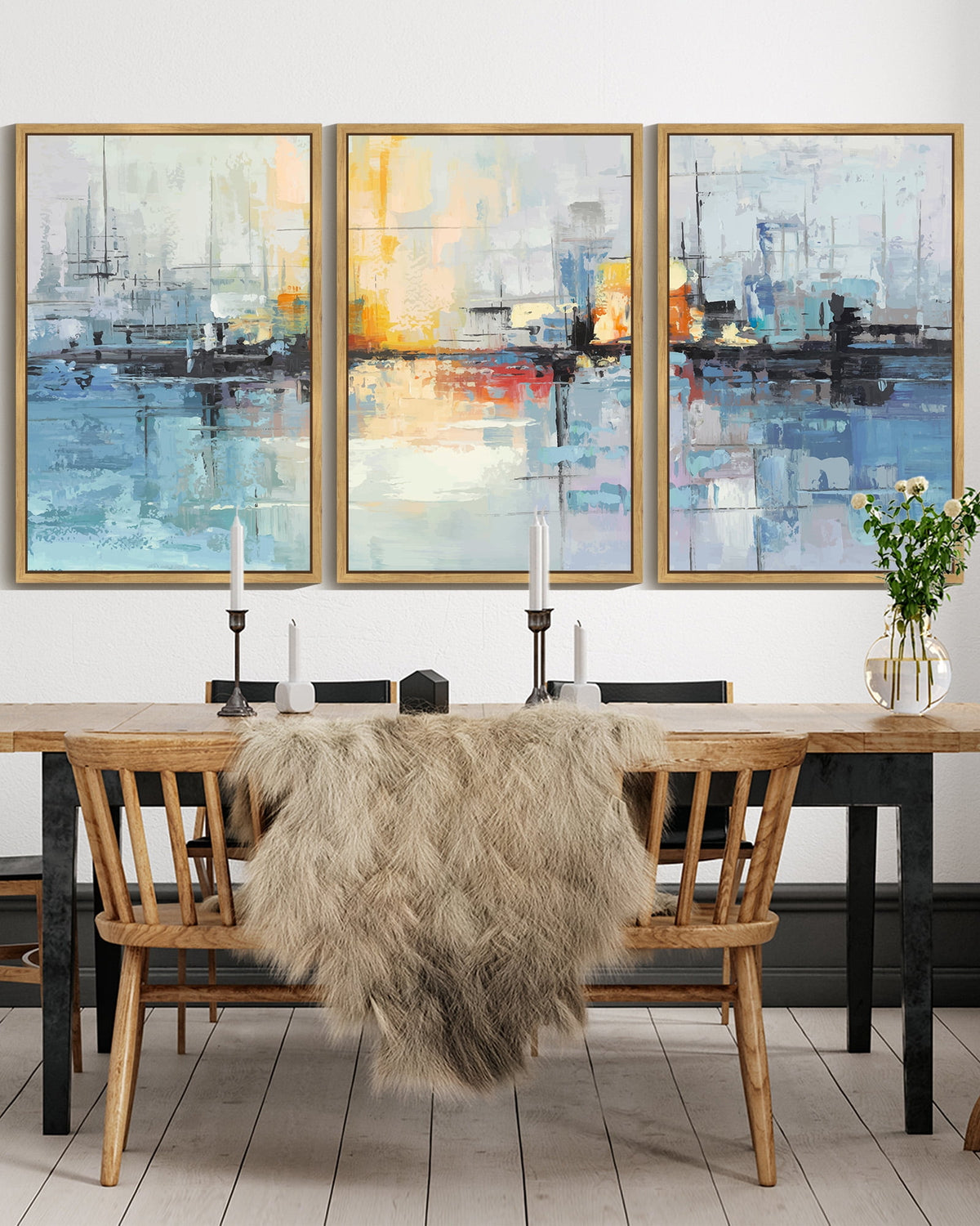 SHENIFY Large 24x36in3pcs Natural Framed Abstract Wall Art Blue Gray Yellow Modern Minimalist Painting Decor Graffiti Artwork