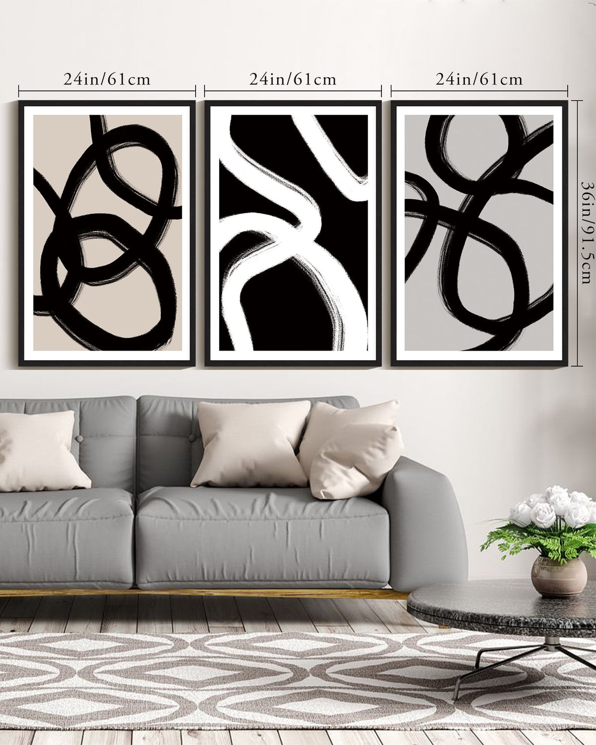 SHENIFY large 24x36in3pcs Black Framed Black Abstract Wall Art Decor Duotone Minimal Dark Brush Stroke Prints Shapes Illustrations Modern Art Decorative Ready To Hang